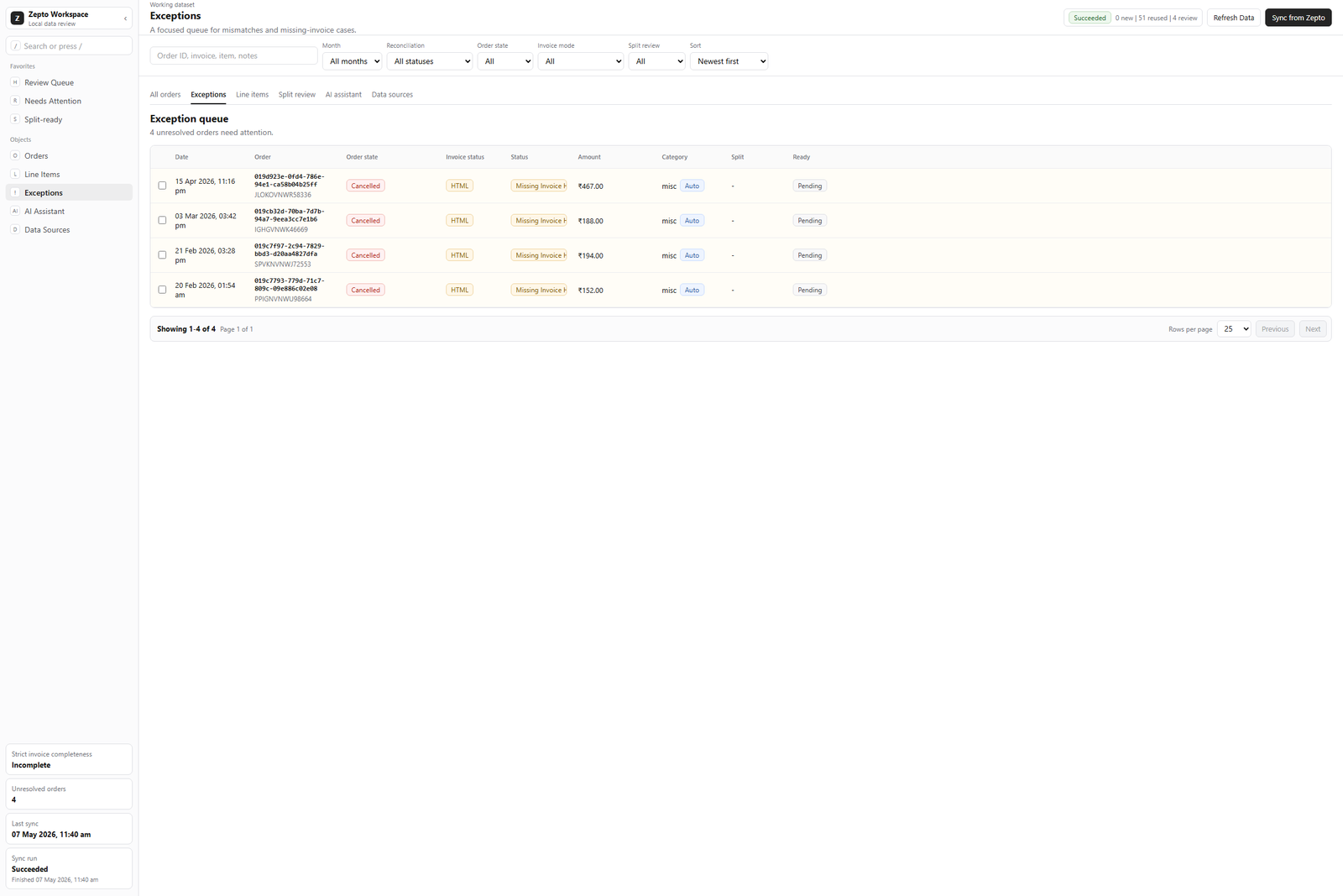 Exceptions queue showing mismatches, missing invoices, and follow-up flags