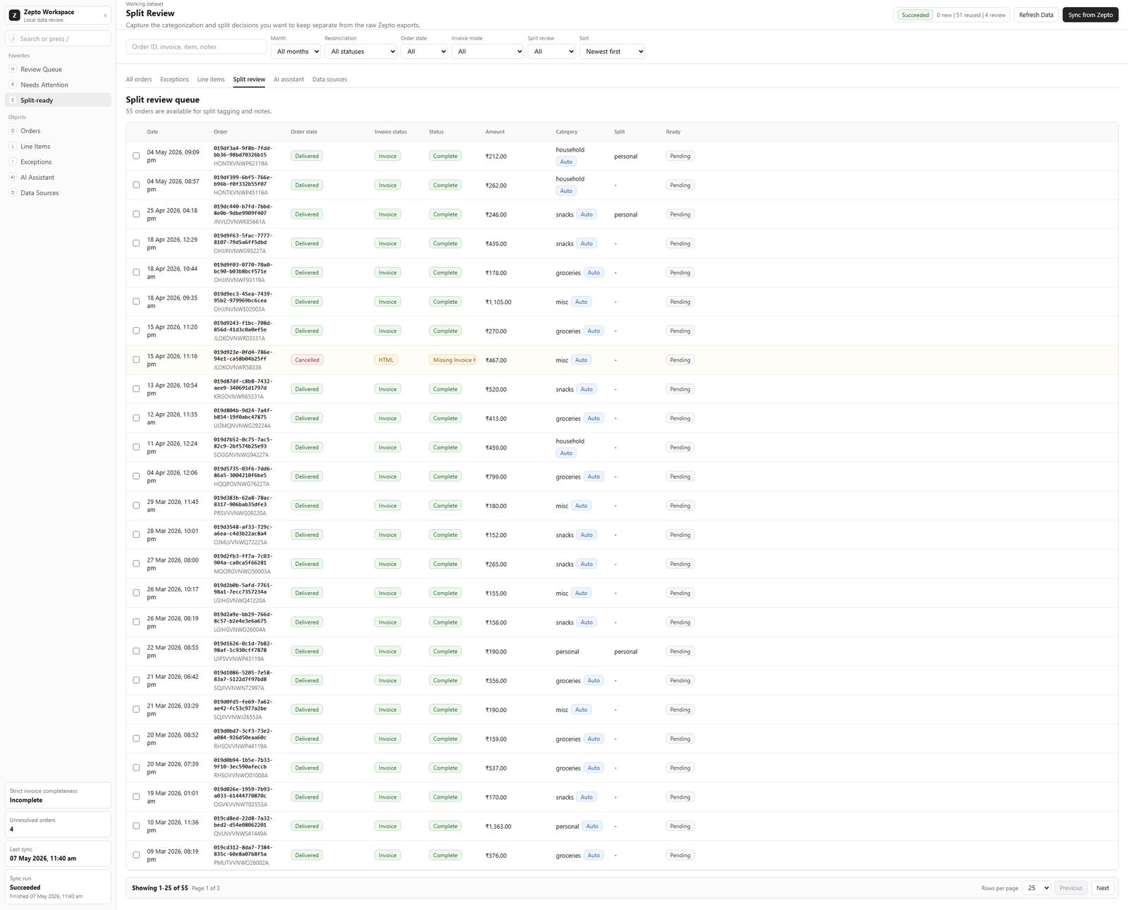 Split review screen showing settlement-ready line items grouped by person